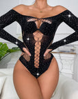 Sheer Rhinestone Mesh Bodysuit  DeepV Stretch Sexy Lingerie for Women