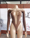 Sheer Rhinestone Mesh Bodysuit  DeepV Stretch Sexy Lingerie for Women