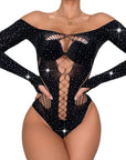 Sheer Rhinestone Mesh Bodysuit  DeepV Stretch Sexy Lingerie for Women
