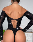 Sheer Rhinestone Mesh Bodysuit  DeepV Stretch Sexy Lingerie for Women