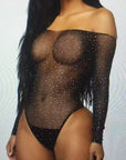Hot Rhinestone PolkaDot Mesh Bodysuit  Sheer Sparkle Lingerie for Women