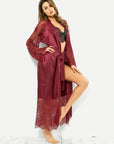 Sexy Oil Gloss Long Robe Lace Long Sleeve Set