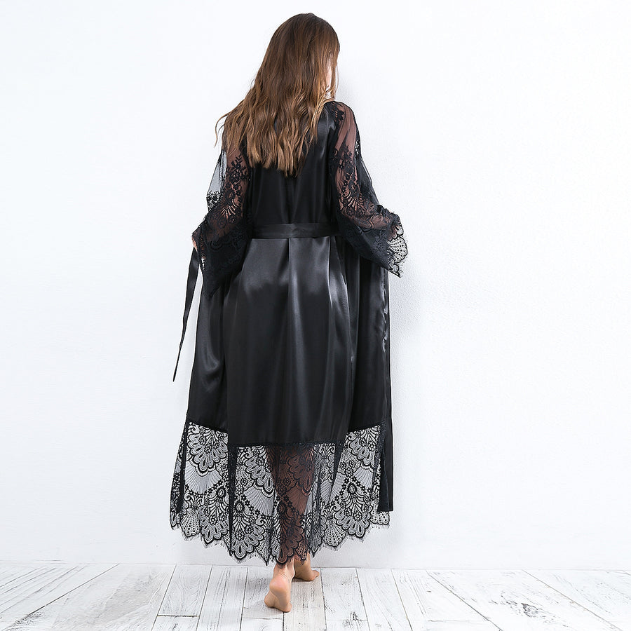 Sexy Oil Gloss Long Robe Lace Long Sleeve Set