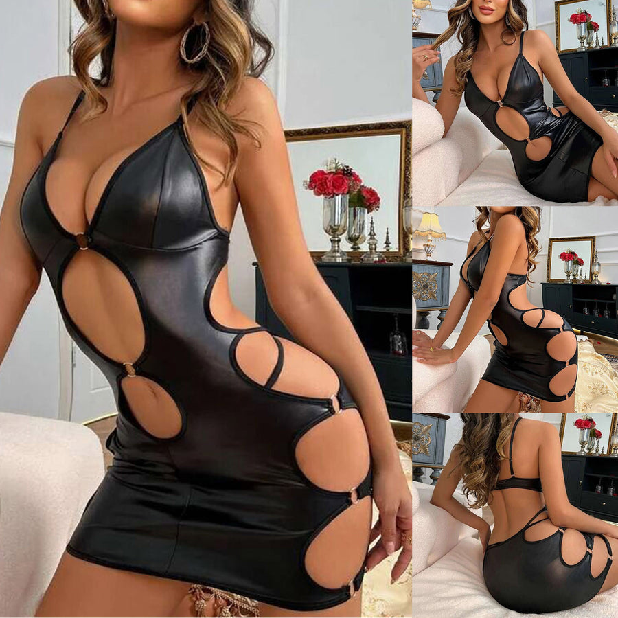 Sexy black patent leather halter neck hollow dress