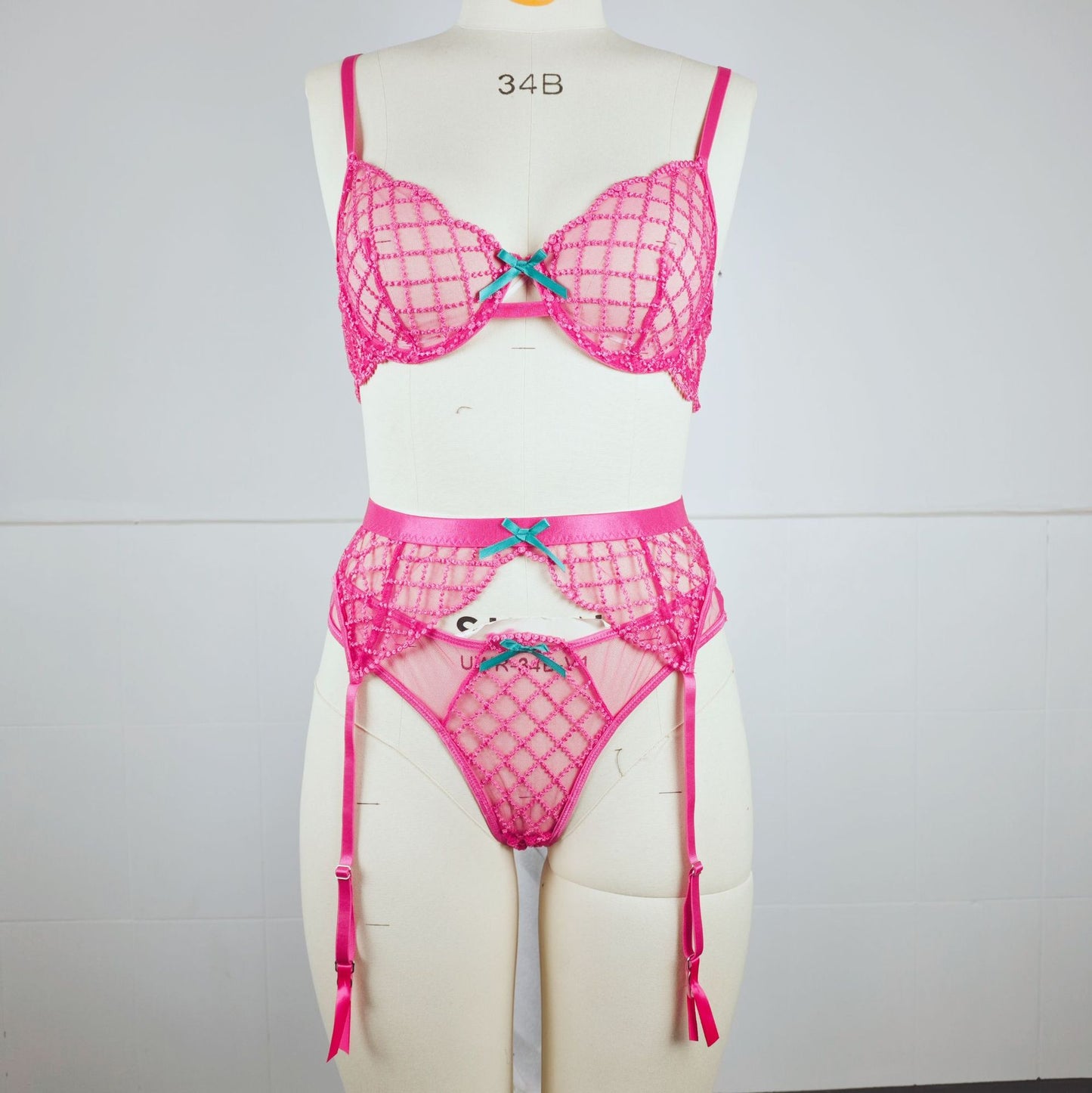 Embroidered Sheer Lace Lingerie 3Piece Set  Underwire Cami Bra, GString & Garter Belt