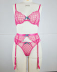 Embroidered Sheer Lace Lingerie 3Piece Set  Underwire Cami Bra, GString & Garter Belt