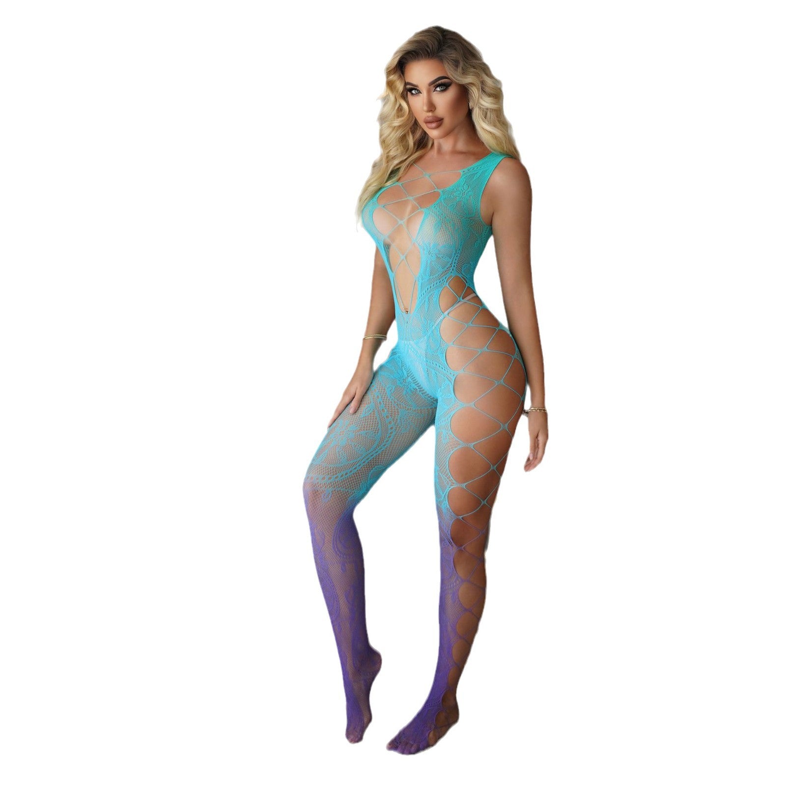 Gradient Floral Embroidered Crotchless Mesh Bodysuit  Sexy Strap Lingerie Catsuit for Women