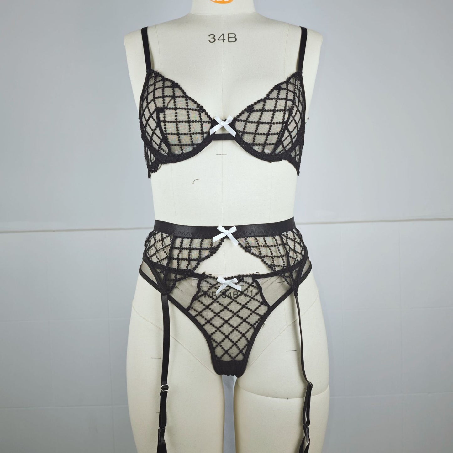 Embroidered Sheer Lace Lingerie 3Piece Set  Underwire Cami Bra, GString & Garter Belt