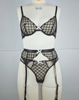 Embroidered Sheer Lace Lingerie 3Piece Set  Underwire Cami Bra, GString & Garter Belt