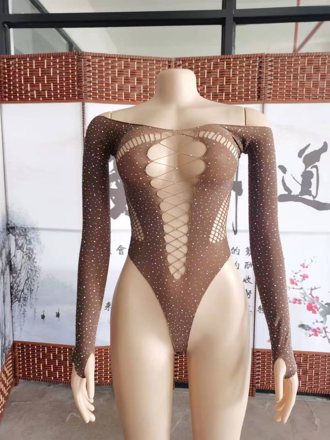 Sheer Rhinestone Mesh Bodysuit  DeepV Stretch Sexy Lingerie for Women