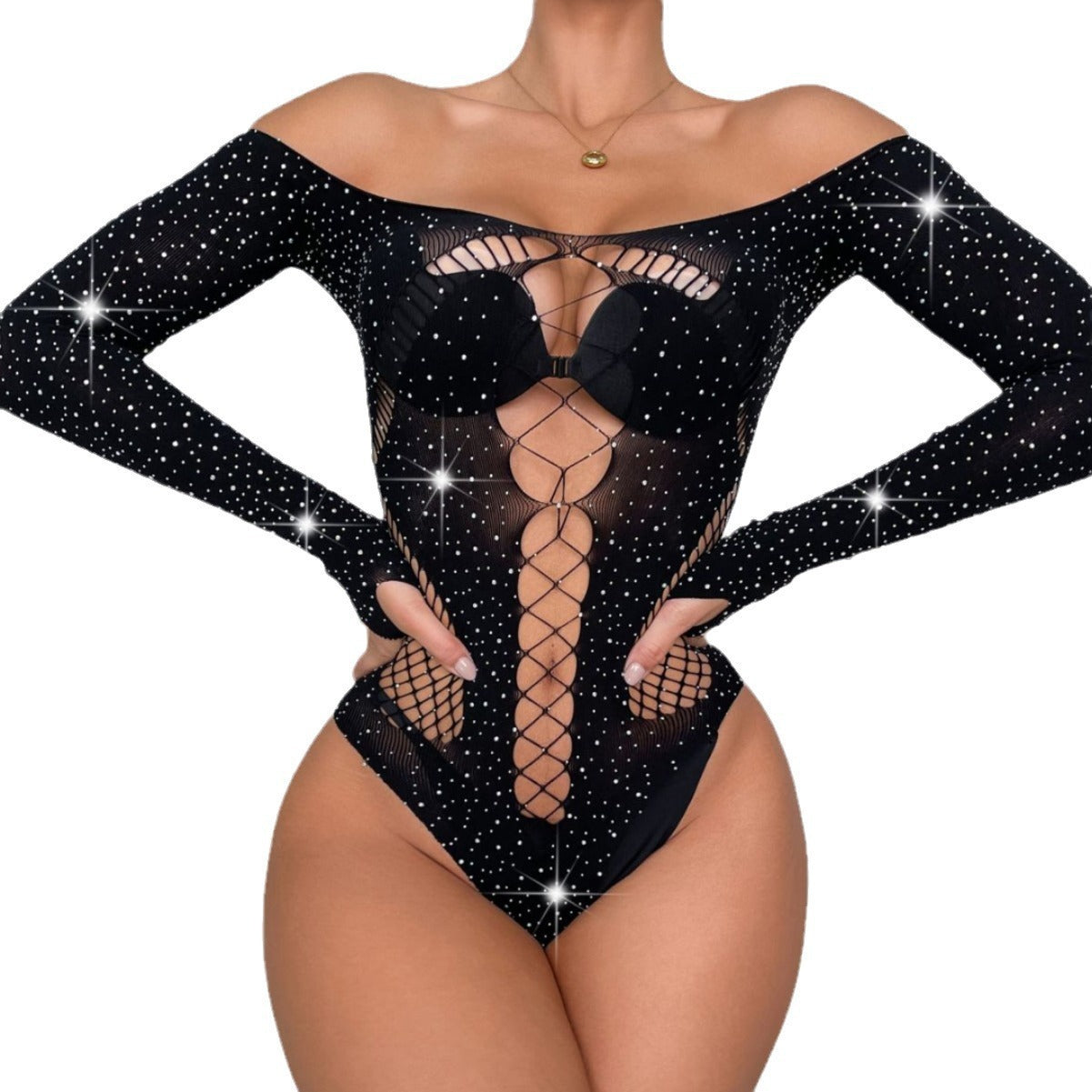 Sheer Rhinestone Mesh Bodysuit  DeepV Stretch Sexy Lingerie for Women