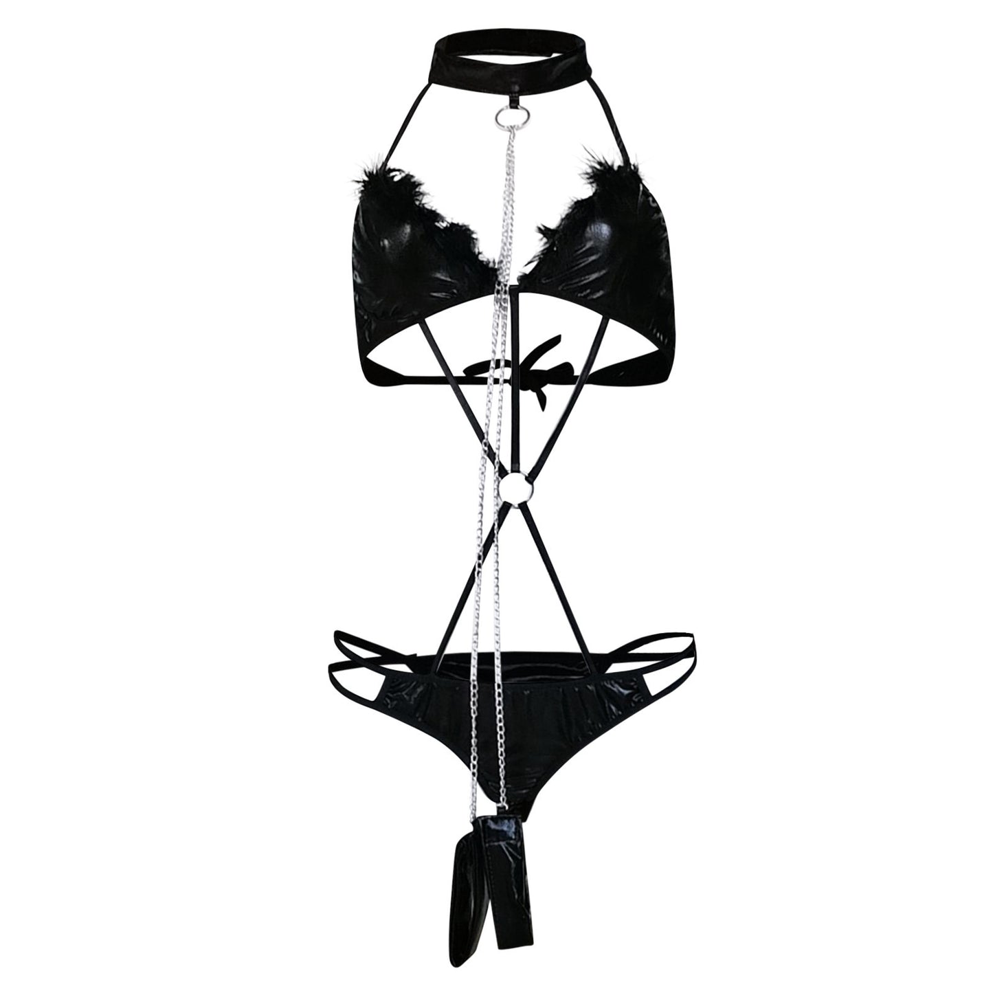 PatentLeather 3Piece Fetish Lingerie Set  Furry Chain Bodysuit for Women