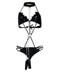 PatentLeather 3Piece Fetish Lingerie Set  Furry Chain Bodysuit for Women
