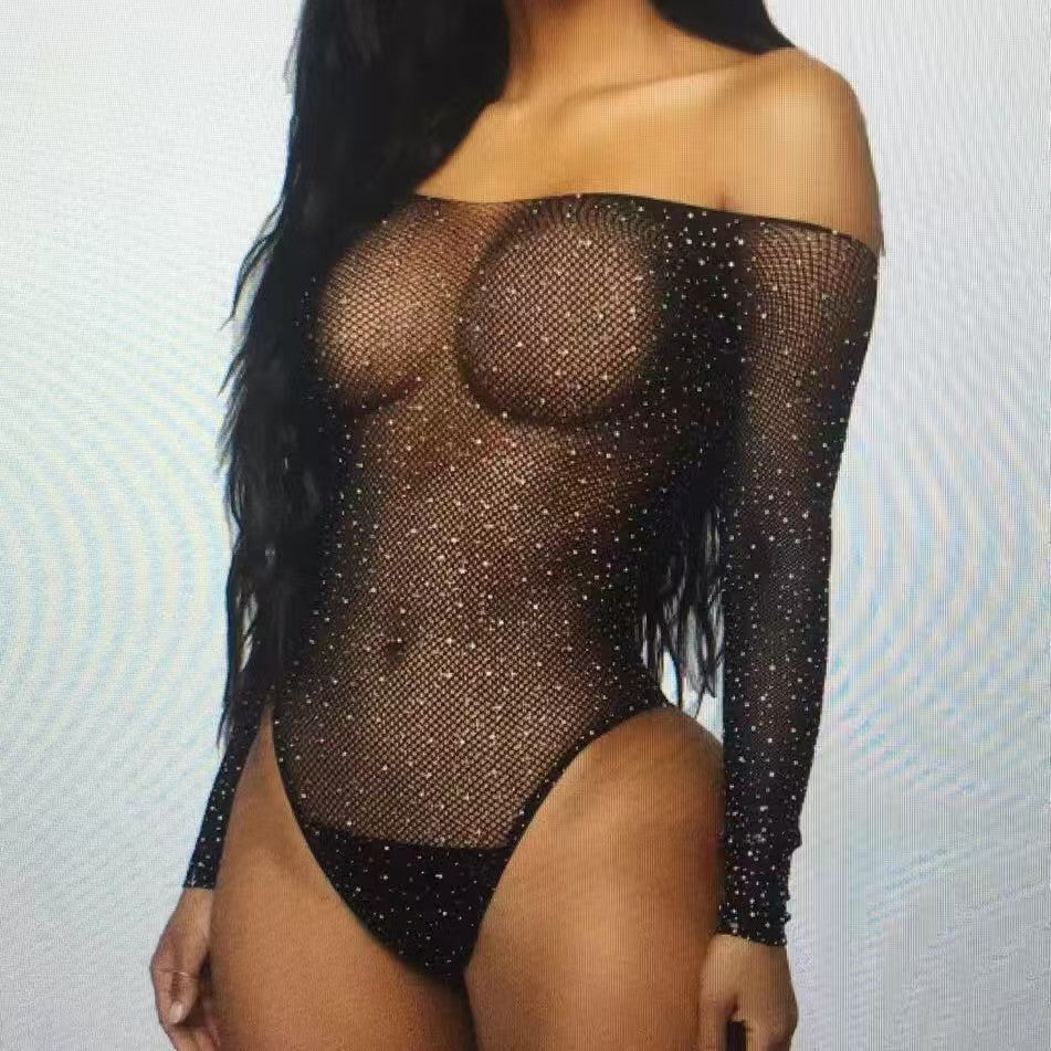Hot Rhinestone PolkaDot Mesh Bodysuit  Sheer Sparkle Lingerie for Women