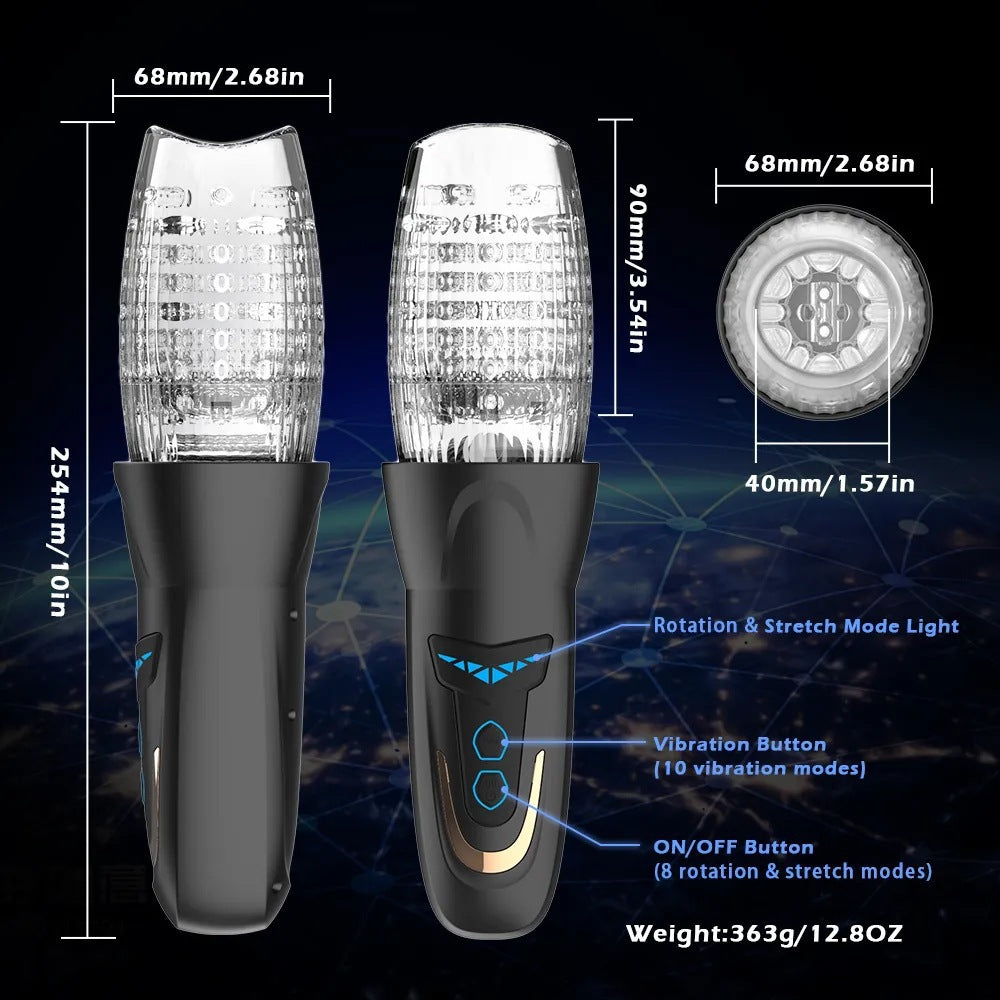 Bellucci upgraded version of transparent telescopic rotating vibration trainer male masturbator