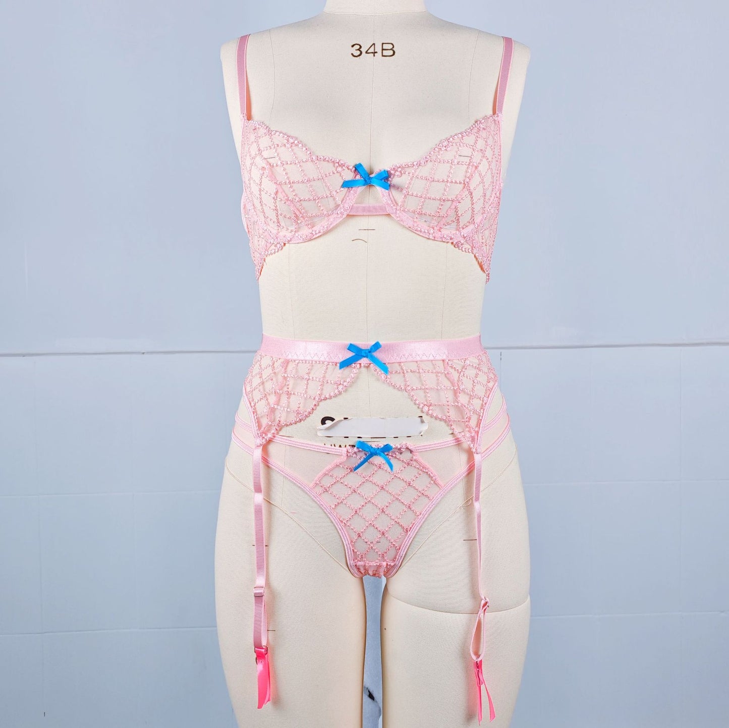 Embroidered Sheer Lace Lingerie 3Piece Set  Underwire Cami Bra, GString & Garter Belt