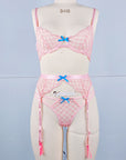 Embroidered Sheer Lace Lingerie 3Piece Set  Underwire Cami Bra, GString & Garter Belt