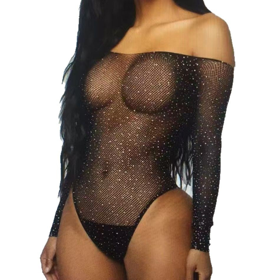 Hot Rhinestone PolkaDot Mesh Bodysuit  Sheer Sparkle Lingerie for Women