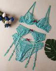 Embroidered Sheer Lace Lingerie 3Piece Set  Underwire Cami Bra, GString & Garter Belt