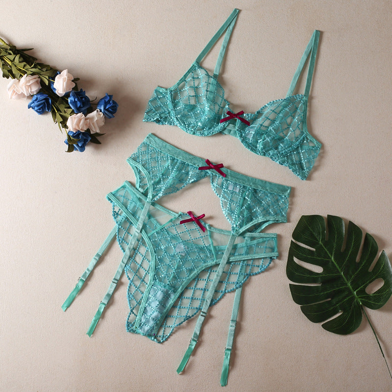 Embroidered Sheer Lace Lingerie 3Piece Set  Underwire Cami Bra, GString & Garter Belt