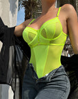 Summer mesh string sexy bodysuit for women with back buckle and leg rings