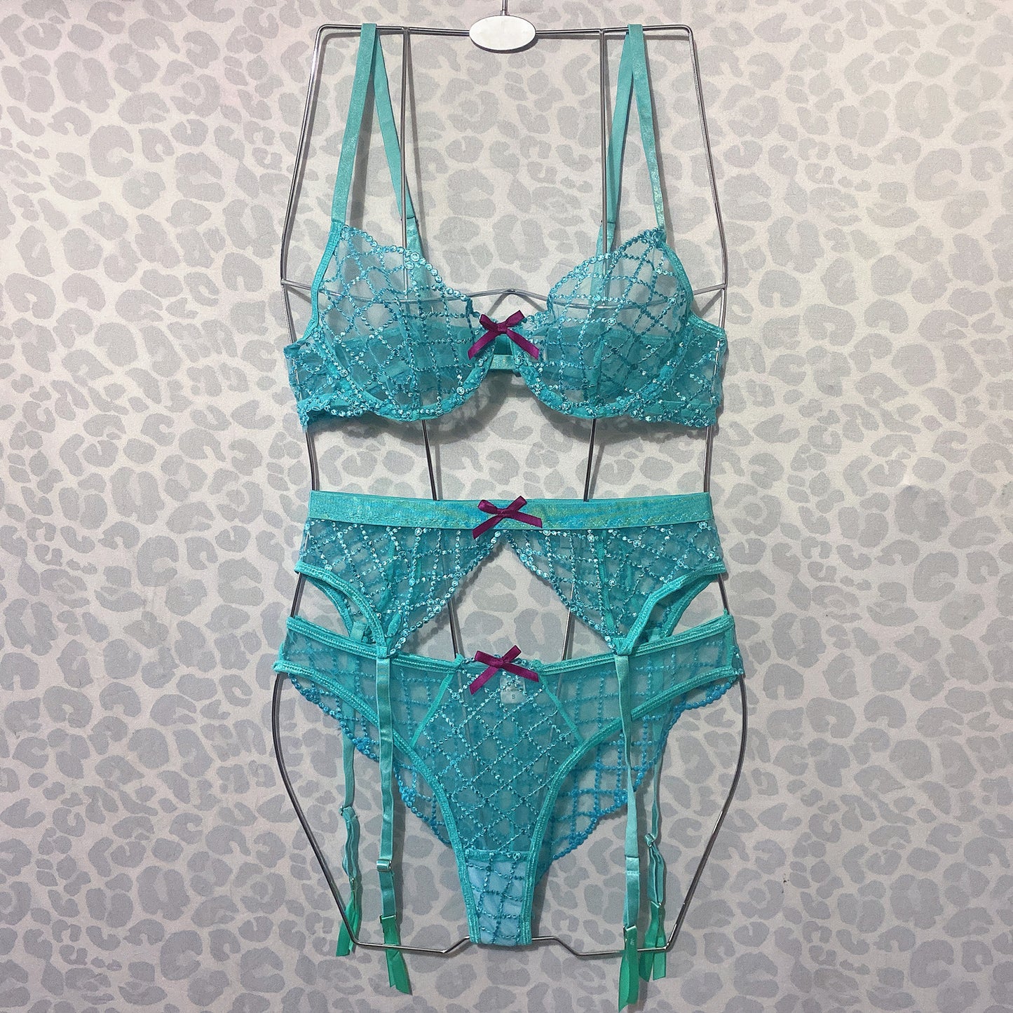 Embroidered Sheer Lace Lingerie 3Piece Set  Underwire Cami Bra, GString & Garter Belt