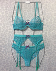 Embroidered Sheer Lace Lingerie 3Piece Set  Underwire Cami Bra, GString & Garter Belt