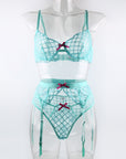 Embroidered Sheer Lace Lingerie 3Piece Set  Underwire Cami Bra, GString & Garter Belt