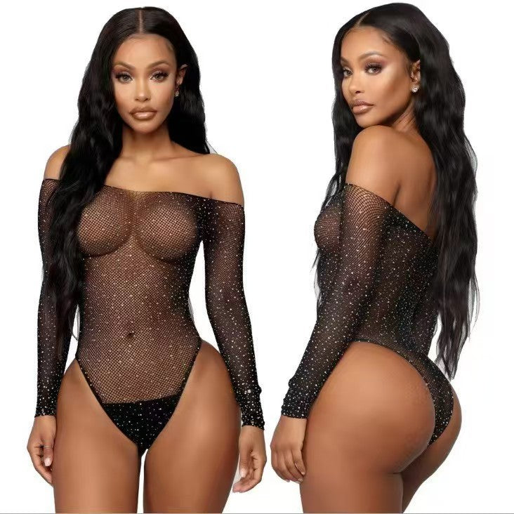Hot Rhinestone PolkaDot Mesh Bodysuit  Sheer Sparkle Lingerie for Women