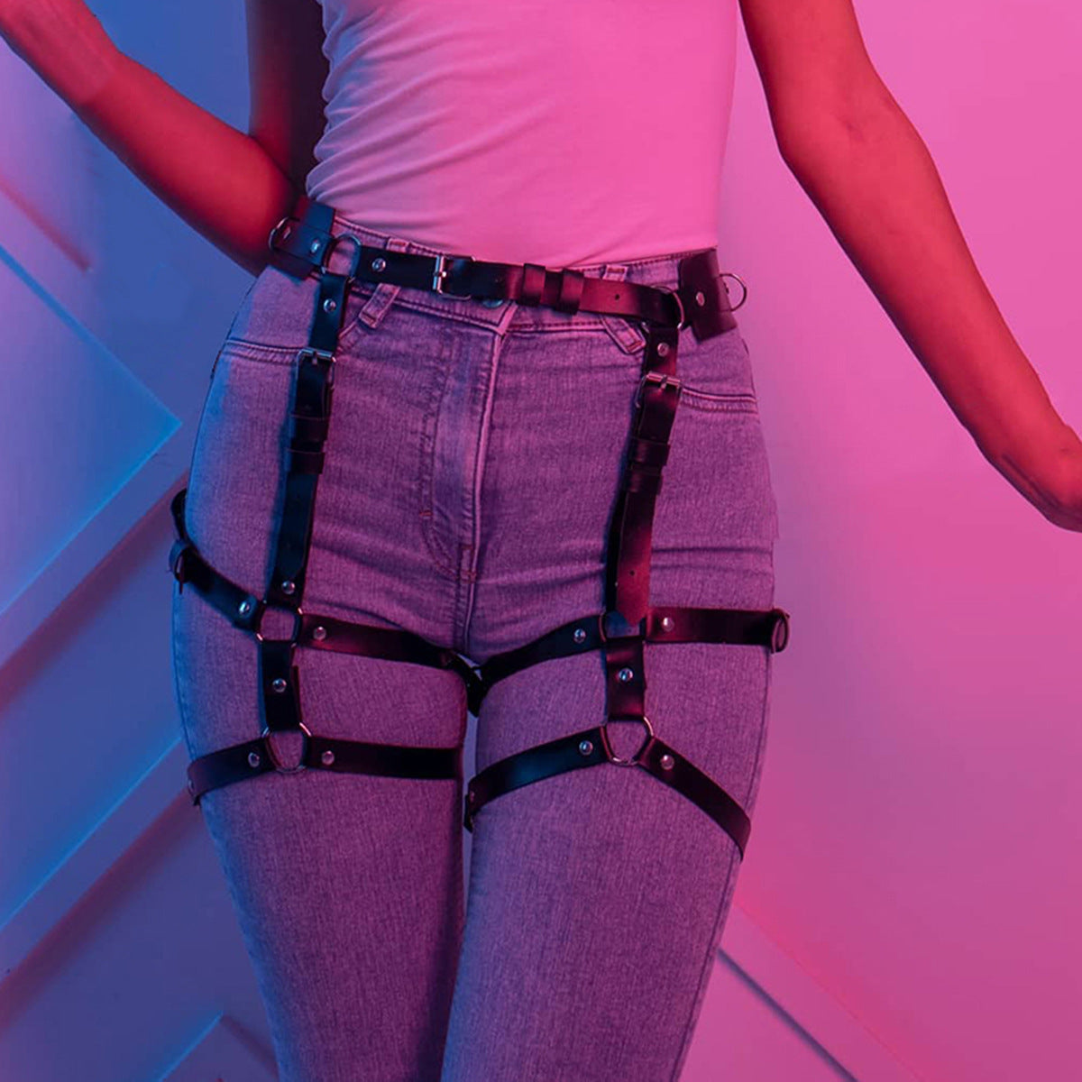 BDSM Adjustable Leather Bondage Set  Waist Belt & Thigh Cuffs Restraint Kit for Couples