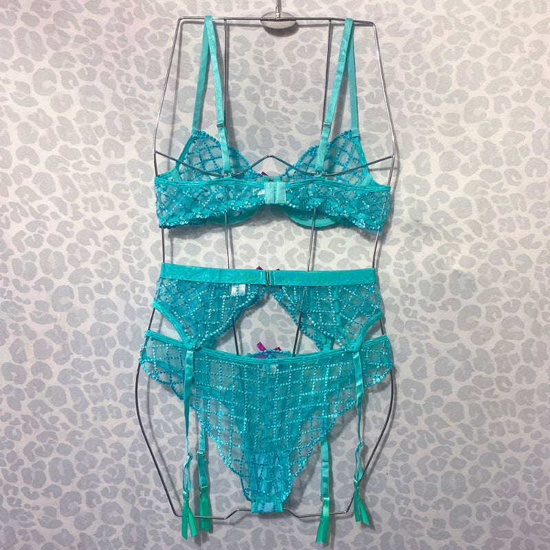 Embroidered Sheer Lace Lingerie 3Piece Set  Underwire Cami Bra, GString & Garter Belt