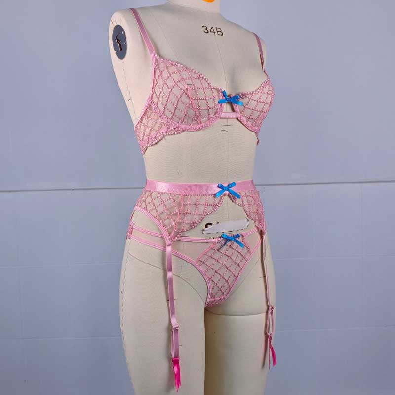 Embroidered Sheer Lace Lingerie 3Piece Set  Underwire Cami Bra, GString & Garter Belt