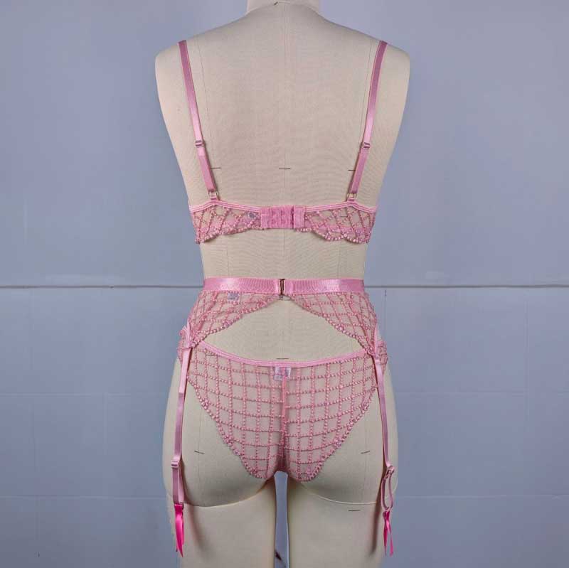 Embroidered Sheer Lace Lingerie 3Piece Set  Underwire Cami Bra, GString & Garter Belt