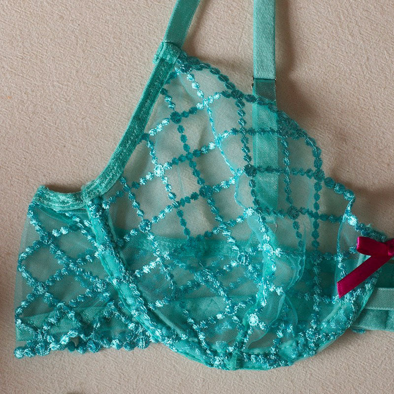 Embroidered Sheer Lace Lingerie 3Piece Set  Underwire Cami Bra, GString & Garter Belt