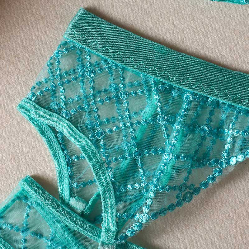 Embroidered Sheer Lace Lingerie 3Piece Set  Underwire Cami Bra, GString & Garter Belt