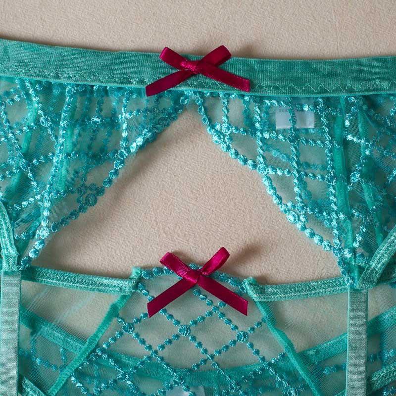 Embroidered Sheer Lace Lingerie 3Piece Set  Underwire Cami Bra, GString & Garter Belt