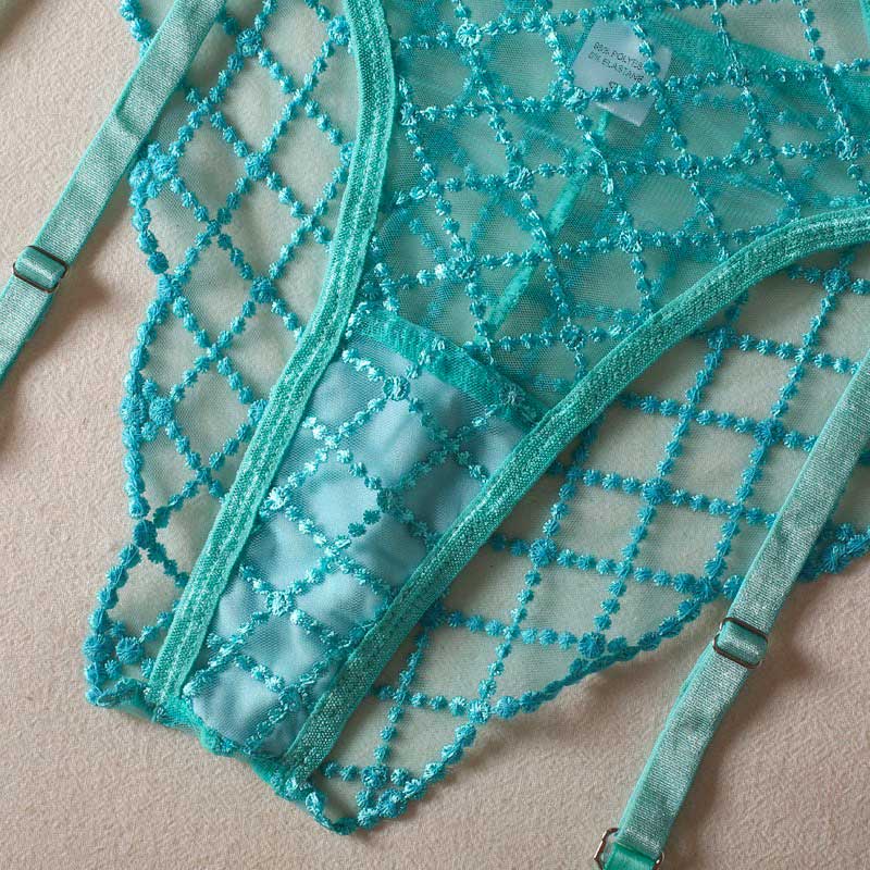 Embroidered Sheer Lace Lingerie 3Piece Set  Underwire Cami Bra, GString & Garter Belt