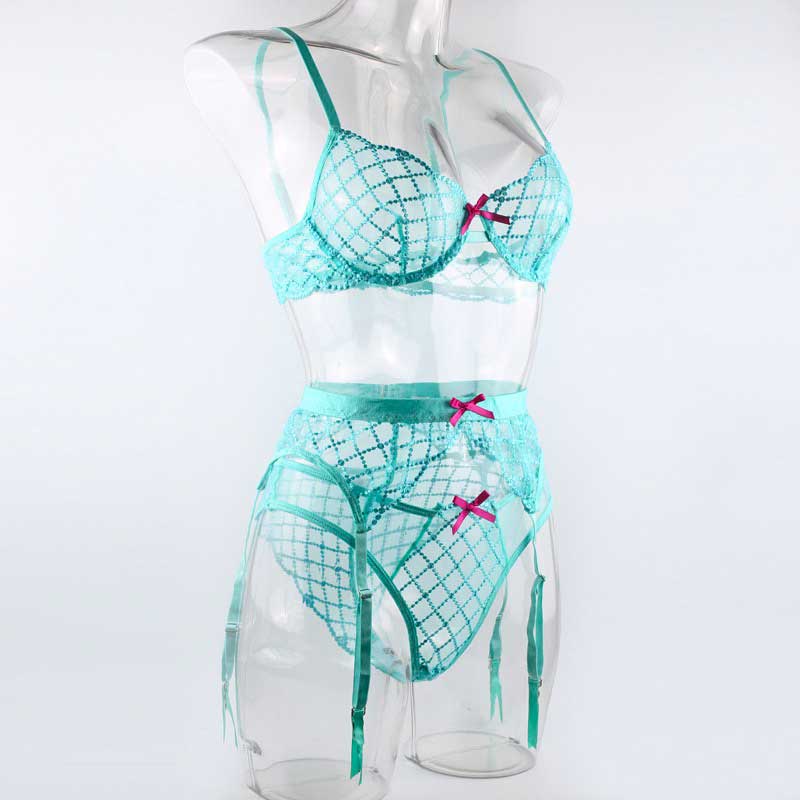 Embroidered Sheer Lace Lingerie 3Piece Set  Underwire Cami Bra, GString & Garter Belt