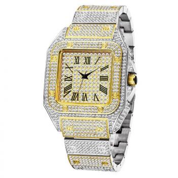 Missfox golden Roman hip hop star studded square fashion men's Quartz Watch