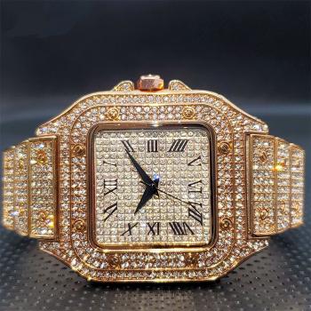 Missfox golden Roman hip hop star studded square fashion men's Quartz Watch