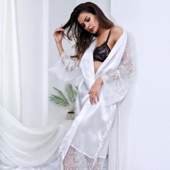 Sexy glossy long lace long sleeved nightgown